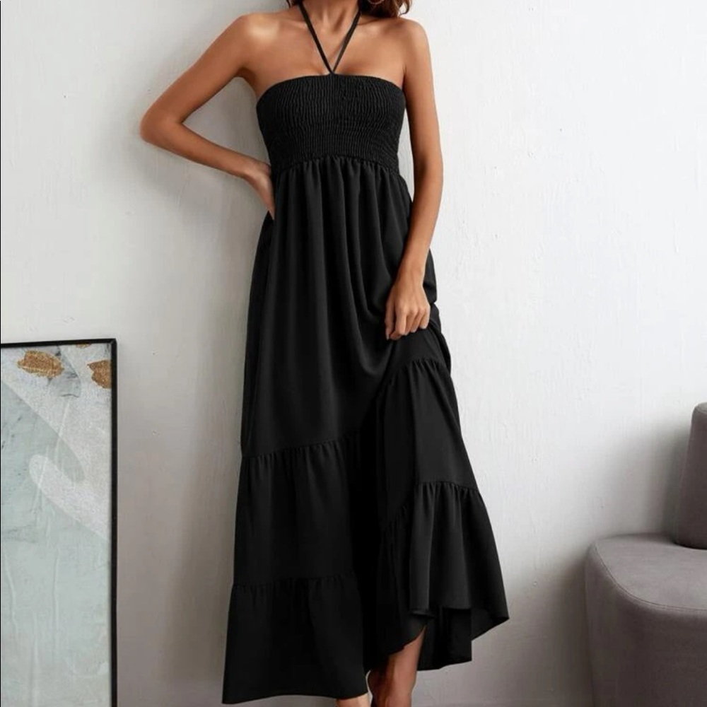 Boho shirred ruffle hem halter maxi dress